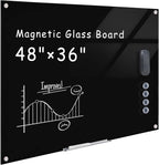 Magnetic Glass Whiteboard，48"x36" Wall Mounted Frameless Dry Erase Board for Office, Home & School Black