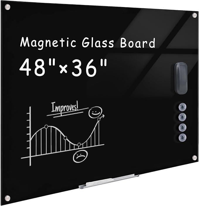 Magnetic Glass Whiteboard，48"x36" Wall Mounted Frameless Dry Erase Board for Office, Home & School Black