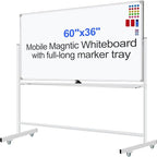 Mobile Magnet Whiteboard with Stand 60x36 Double-Sided Dry Erase Board with Stand - Magnetic Portable Standing Whiteboard - 5' x 3' Rolling White Boards with Easy Flip Feature