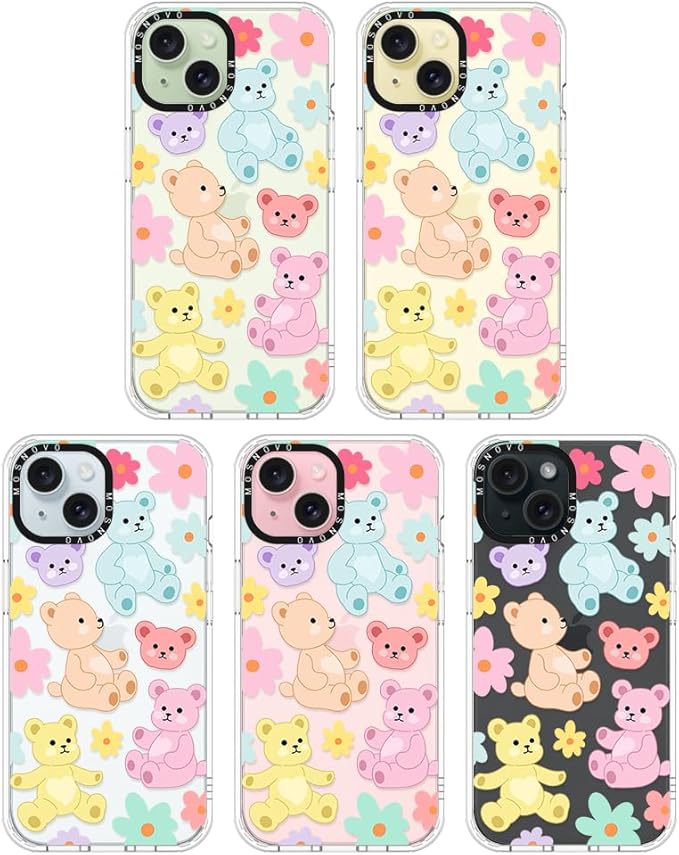 MOSNOVO Case for iPhone 15, [Buffertech 6.6ft Military-Grade Drop Protection] [Anti Peel Off Tech] Clear TPU Bumper Phone Case Cover Design - Cute Teddy Bear