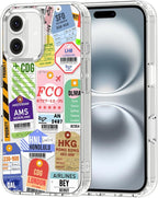 MOSNOVO Case for iPhone 16, [Buffertech 6.6ft Military-Grade Drop Protection] [Anti Peel Off Tech] Clear TPU Bumper Phone Case Cover Design - Air Ticket Labels