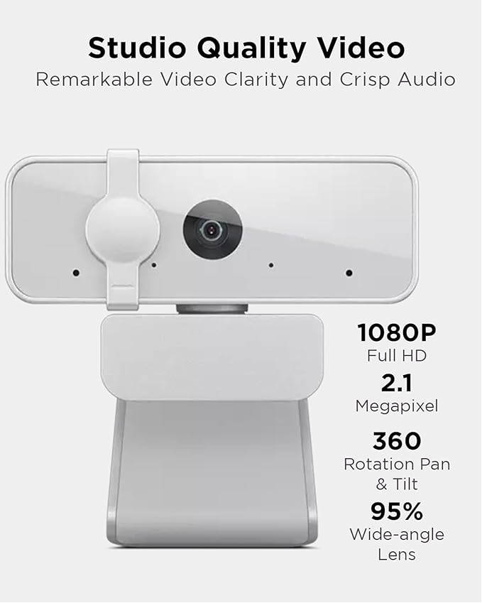 Lenovo HD 1080p Webcam (300 FHD) - Monitor Camera with 95° Wide Angle, 360° Rotation Pan & Tilt, Dual Microphones – Attachable Desktop Cam with Privacy Shutter for Remote Work, Streaming & Gaming
