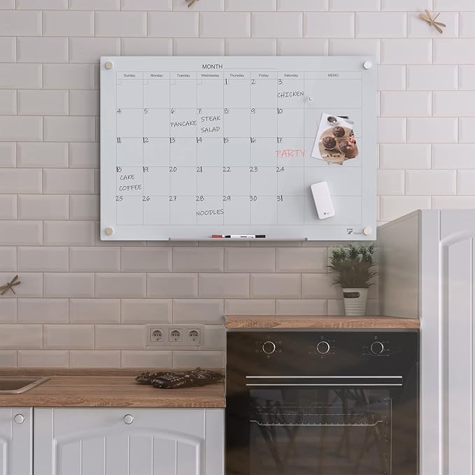 TOWON 47 x 35 Inch Glass Dry Erase Board, Magnetic Whiteboard Calendar, Monthly Planner Set, White