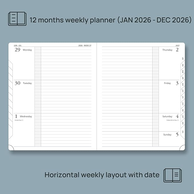 POPRUN Weekly Planner 2026 Calendar (Large 8.5" x 10.5") 12 Months Notebook with Horizontal Layout, Leather Hardcover, Inner Pocket, 100GSM Thick Paper, Pen Holder - Soft Pink