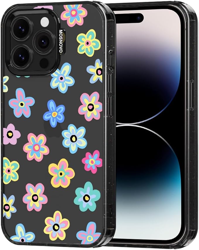MOSNOVO Case for iPhone 14 Pro Max, [10ft 4X Military-Grade Drop Protection] Durable & Shockproof Phone Case Cover Design for iPhone 14 Pro Max - Groovy Flower - Clear Black