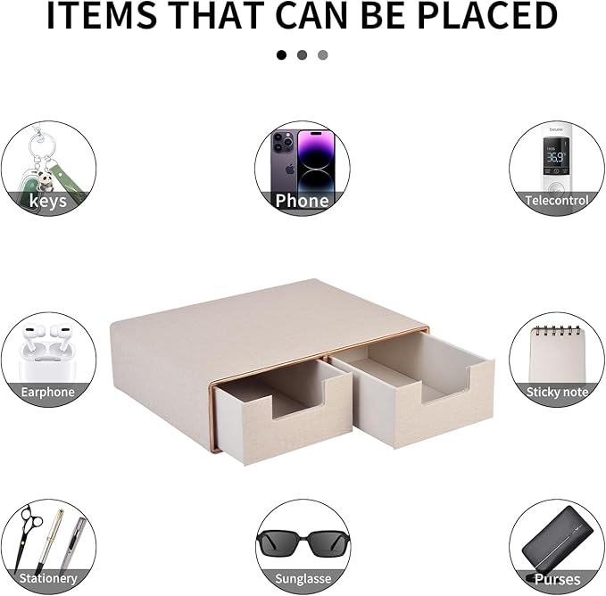 Linen Leather Desk Organizer with Drawers－Mini Desktop Drawer Organizer Stackable－Multifunctional Tabletop Organization Storage Box for Office Supplies Home Vanity Toiletries (Beige, 2-drawers)