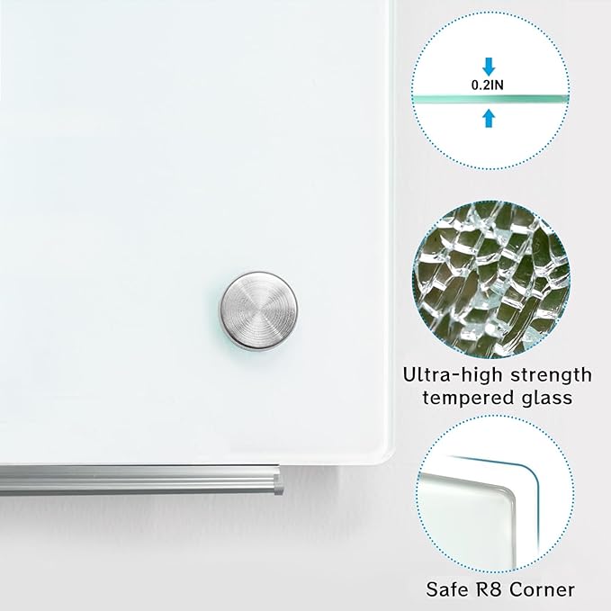 KIZZBY Glass Dry Erase White Board - Magnetic Boards for Wall, 48"x36" Large Frameless Whiteboard for Office, Home & School