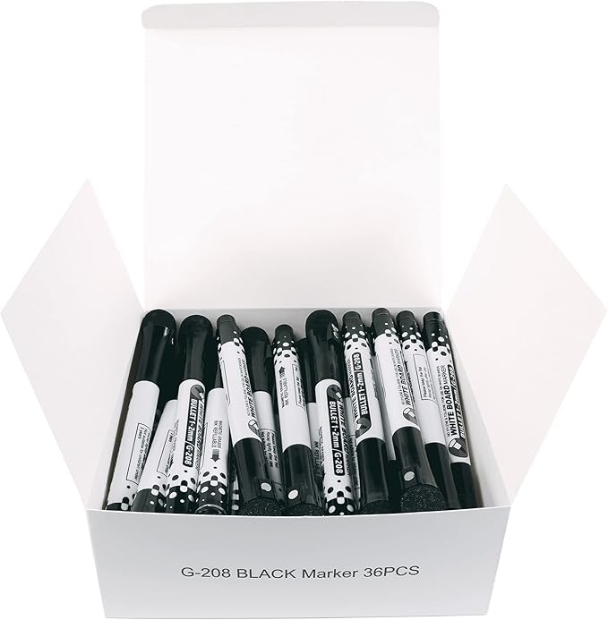 Glassboard Studio Black Fine Tip Dry Erase Markers Bulk 36-Pack with Magnetic Eraser Cap and Low Odor Ink for White Boards at School, Work, or Home