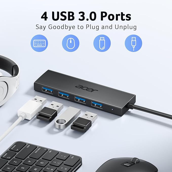 Acer USB Hub 4 Ports, Multiple USB 3.0 Hub, USBA Splitter for Laptop with Type C Power Port, Extender for A Port Laptop, PC, Desktop and More (2ft)