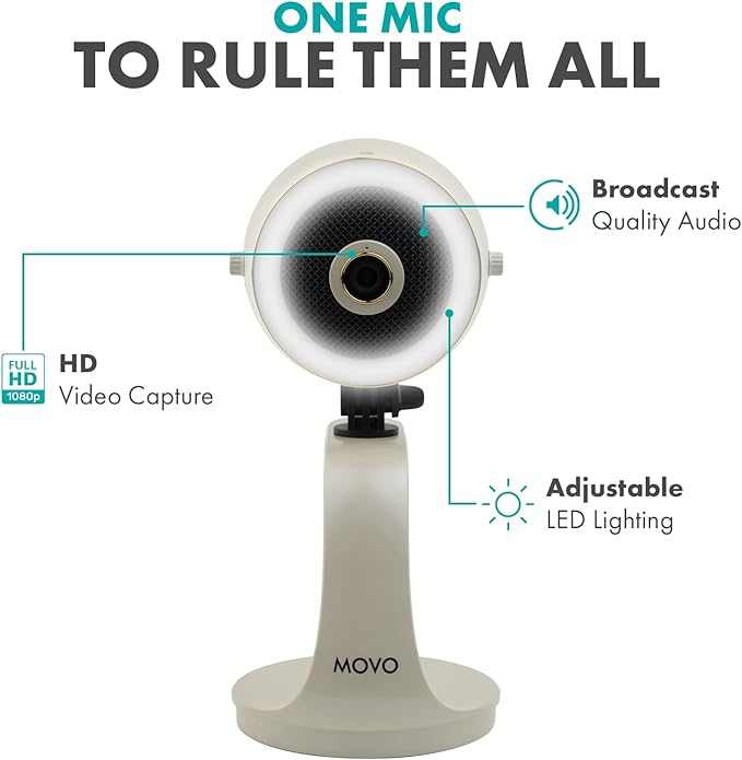 Movo WebMic HD Pro All-in-One Webcam with Mic and Ring Light in Pearl White- 1080p HD Camera, Pro Cardioid Condenser Microphone, LED Ring Light -HD Webcam For Streaming, Video Calls, Recording, Gaming