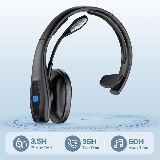 CONAMBO JBT100 Trucker Bluetooth Headset with Dual Mic Noise Canceling, CVC8.0, Mute Button, 60Hrs Battery Wireless Headset, On Ear Headphone for Cell Phones Business Home Driver Office Work