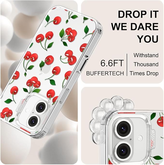 MOSNOVO Case for iPhone 16 Plus, [Buffertech 6.6ft Military-Grade Drop Protection] [Anti Peel Off Tech] Clear TPU Bumper Phone Case Cover Design - Cute Cherry