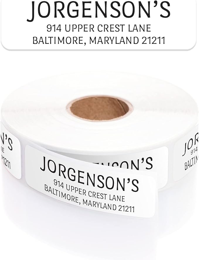 White with Black Print Modern Rolled Address Label/Roll of 250 Personalized Address Labels/Designer Return Address Stickers in Elegant Plastic Dispenser