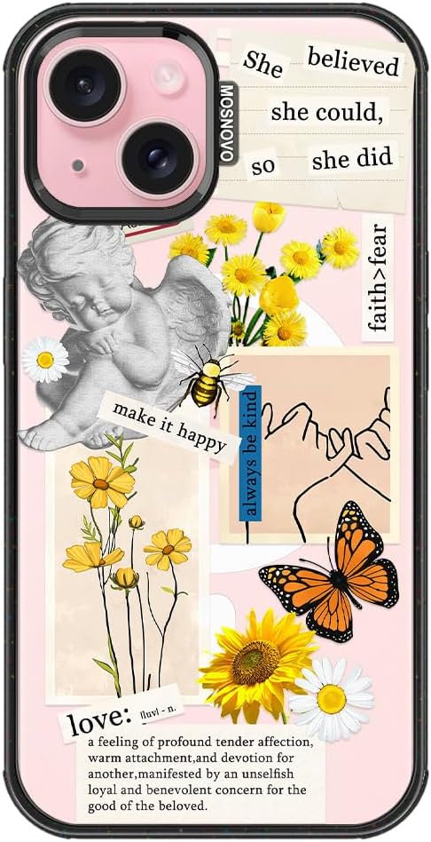 MOSNOVO Magnetic Case for iPhone 15, 10ft Military-Grade Protection, Compatible with Magsafe, Shockproof Phone Case for iPhone 15 - Vintage Collage Art - Clear Black