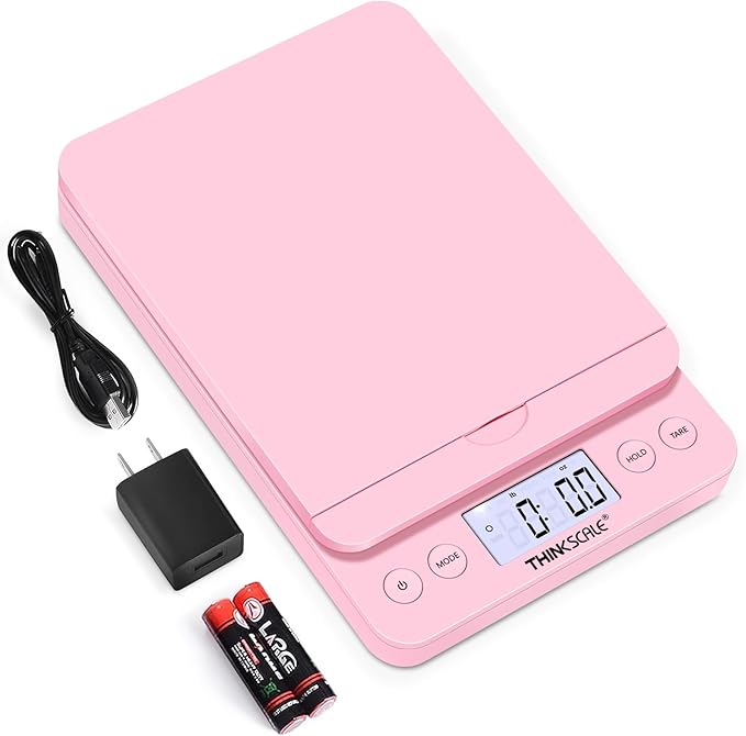 THINKSCALE Shipping Scale, 86lb/0.1oz Postal Scale-Candy Pink Style, Hold/Tear Function, Flip up Holder Postage Scale, Digital Scale for Packages Small Business and Mails, Battery & AC Adapter