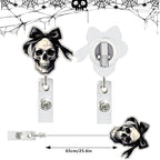 Halloween Skull Badge Reel Retractable for Nurse Nursing Student Medical Worker & Office Staff Acrylic Alligator Clip Badge Reel Halloween Skeleton with Bow ID Card Badge Holder Gifts
