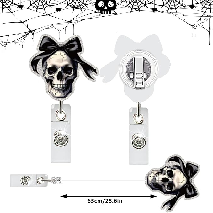 Halloween Skull Badge Reel Retractable for Nurse Nursing Student Medical Worker & Office Staff Acrylic Alligator Clip Badge Reel Halloween Skeleton with Bow ID Card Badge Holder Gifts