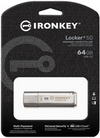 Kingston Ironkey Locker+ 50 64GB Encrypted USB Flash Drive | USB 3.2 Gen 1 | XTS-AES Protection & TAA Compliant | Multi-Password Security Options | Automatic Cloud Backup | Metal Casing | IKLP50/64GB