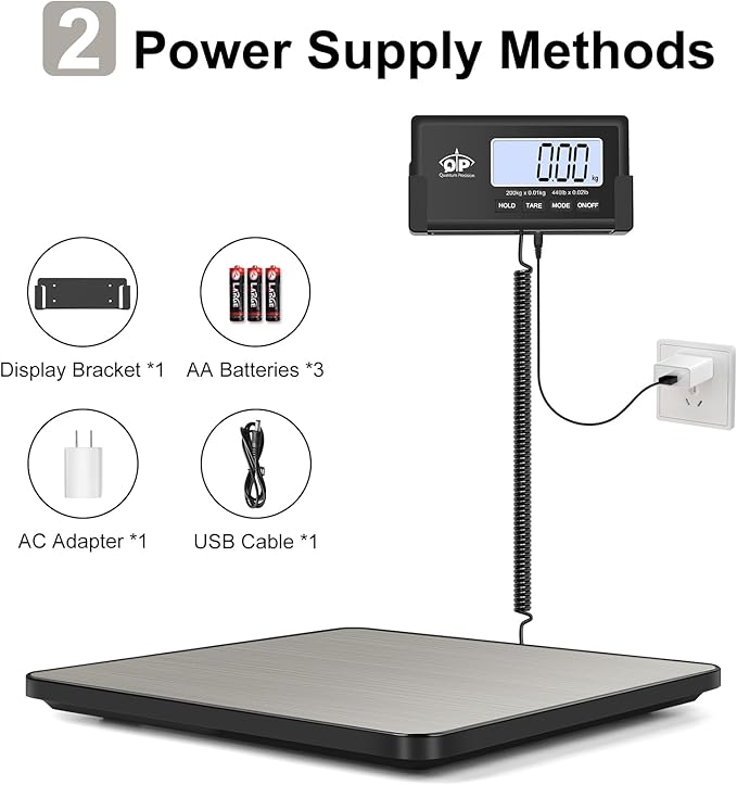 QP Shipping Scale, 440 lb/0.35 oz High Accuracy Digital Postal Scale, Postage Scale, Hold/Tare Function, Auto Off LCD Display, Lightweight Scale for Packages/Luggage/Pet, Battery & AC Adapter Included