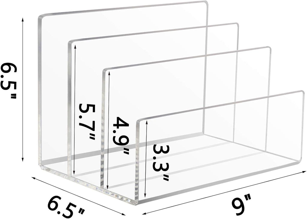 Tasybox Acrylic File Holder, Clear File Sorter Desk File Organizer 3 Sections Office Desktop Rack 9" x 6.5" x 6.5"