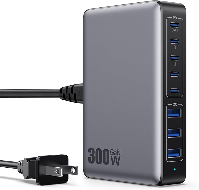 USB C Charger 300W USB C Charger Block 8-Ports GaN IV Fast Charging Station,PD 100W Laptop Hub Wall Charging Adapter Compatible with MacBook/Air,DELL,Steam Desk,iPhone 16/15/14,Samsung Galaxy S24 etc