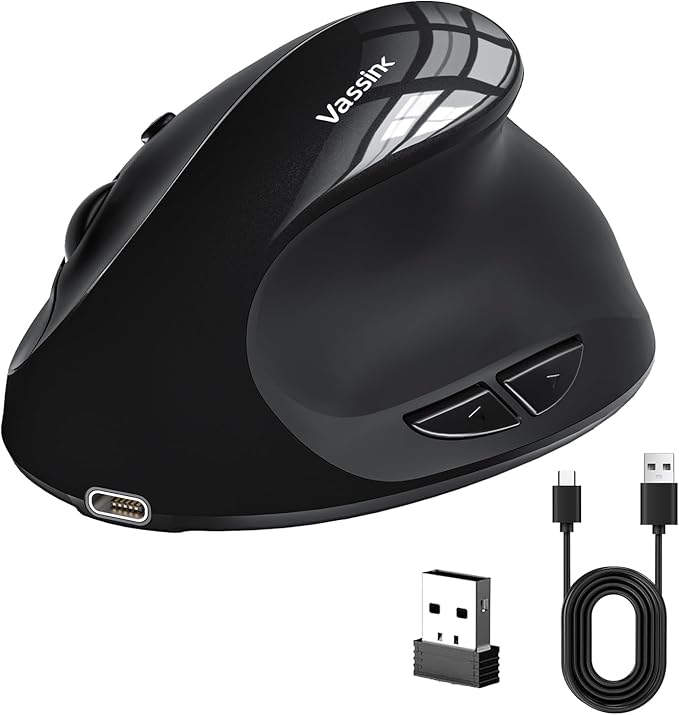Vassink Ergonomic Mouse, Vertical Wireless Mouse,Mini Mouse Rechargeable 2.4G Optical Carpal Tunnel Mice: 800/1200 / 1600 DPI, 6 Buttons, for Laptop, PC, Computer, Desktop, Notebook etc