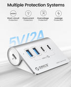 ORICO 4-Port USB 3.2 Gen 2 Hub 10Gbps with 2 USB A +2 USB C, Aluminium Hub with 1.64Ft USB-C Cable and USB-A Adapter USB Splitter for iMac, MacBooks, Mac mini