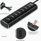 Powered USB 3.0 /USB C Hub, ikuai Aluminium 7-Port USB Hub Splitter with AC Adapter LED Individual On/Off Switches and 3.3ft Extended Long Cable for Laptop, Mac, PC, Flash Drive, Mobile HDD