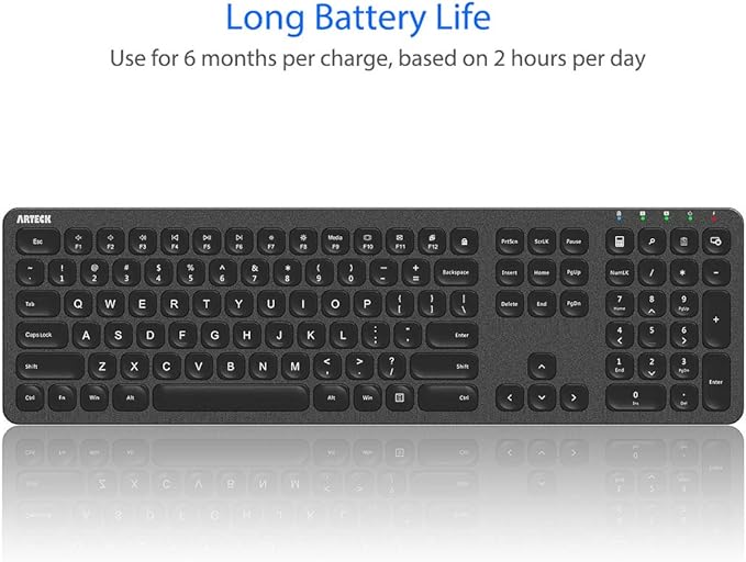 Arteck 2.4G Wireless Keyboard Stainless Steel Ultra Slim Full Size Keyboard with Numeric Keypad for Computer/Desktop/PC/Laptop/Surface/Smart TV and Windows 10/8/ 7 Built in Rechargeable Battery