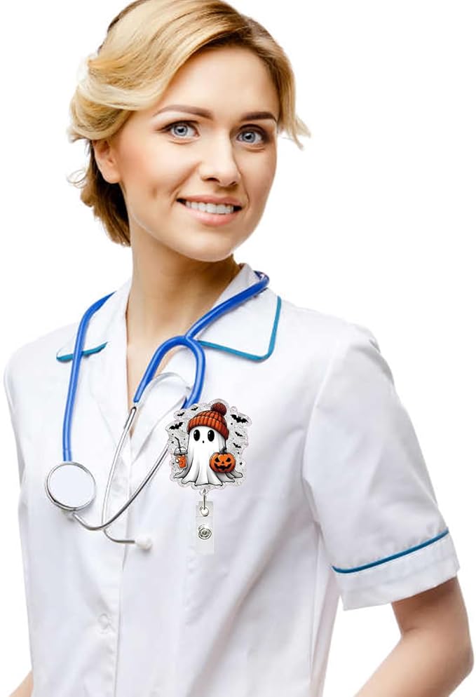 Cute Little Ghost Halloween Badge Reel Pumpkin Badge Reel Retractable with Clip Gifts for Nurse Doctor Teacher Colleague Acrylic Badge Holder with Metal Alligator Clip Design Cute Spooky Badges Holder