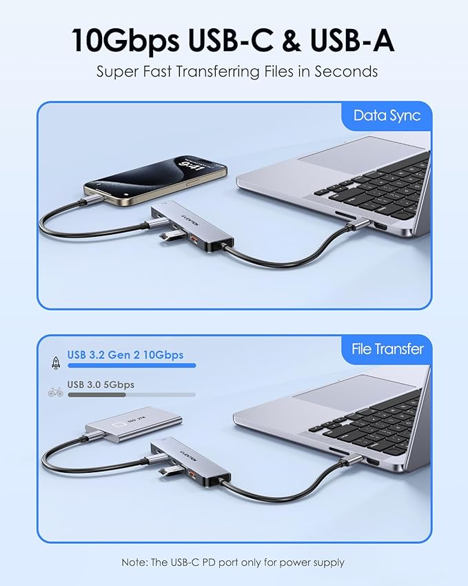 LENTION USB C Hub with 4K@60Hz HDMI, 2 USB C and 2 USB 3.2 Gen2 Transfer Data in 10Gbps Max, 100W Charging, for MacBook Pro M4, Mac Air, iPhone 15, Windows, More, Stable Driver Adapter (CE37 Gray)