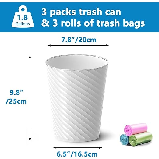 Bathroom Trash Can, 3 Pack 1.8 Gallons Small Trash Can with Trash Bags, Bathroom Garbage Can, Plastic Trash Bin, Round Waste Basket for Living Room, Bedroom, Office, Kitchen, Compact Space (White)