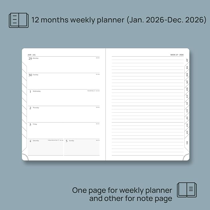POPRUN Weekly Planner 2026 (Medium 6.5" x 8.5") Calendar 12 Months Notebook with Horizontal Layout, Leather Soft Cover, Monthly Tabs, Inner Pocket, 100GSM Thick Paper, Pen Holder - Soft Pink