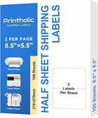 200 Half Sheet Self Adhesive Shipping Labels 8.5" x 5.5" Compatible with for Laser & Inkjet Printers - 100 Sheets, 2 Labels Per Page