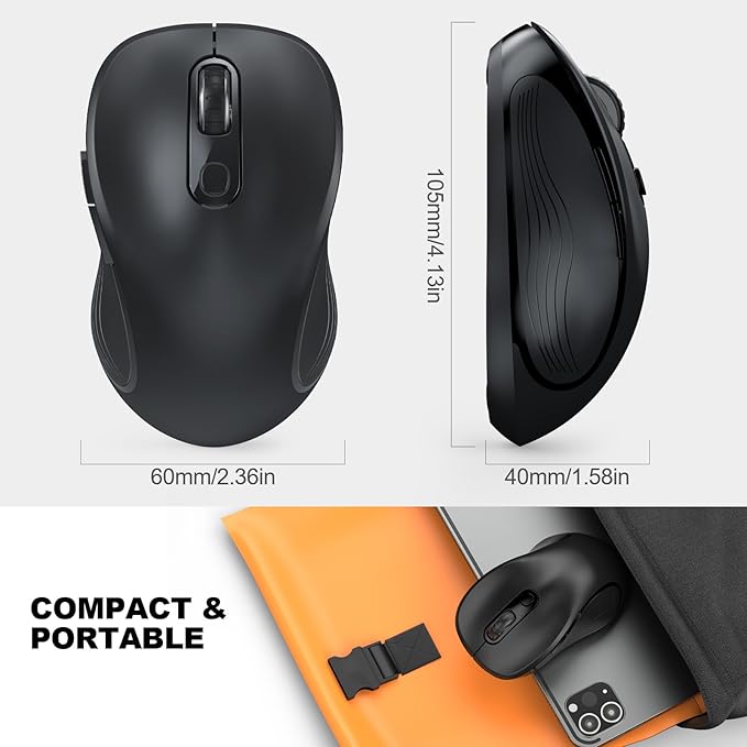 WisFox 2.4G Wireless Mouse for Laptop, Ergonomic Computer Mouse with USB Receiver and Type-C Adapter, 3 Adjustable Levels, 6 Button Cordless Wireless Mice for Windows Mac PC Notebook (Black)