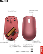 Lenovo 530 Full Size Wireless Computer Mouse for PC, Laptop, Computer with Windows - 2.4 GHz Nano USB Receiver - Ambidextrous Design - 12 Months Battery Life - Cherry Red