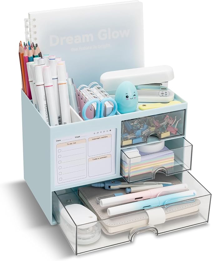 Desk Organizer with 3 Drawer, Multi-Functional Pencil Pen Holder for Desk, Desk Organizers and Storage with 8 Compartments, Desktop Organizer for Office Home Art Supplies (Blue)