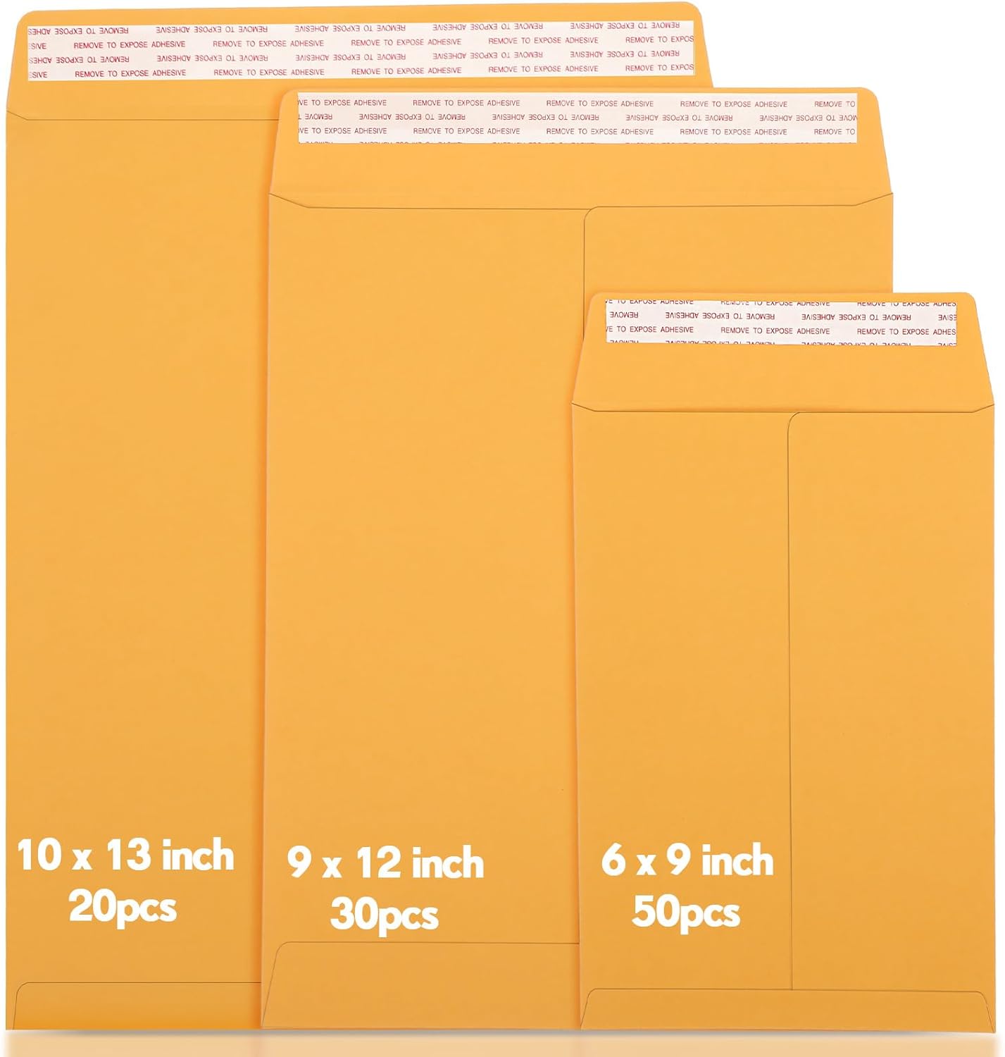 100 Pcs 3 Sizes Catalog Mailing Envelopes, Peel and Seal, Anti Tear Kraft Paper Printable Catalog Envelope for Filing, Storing or Mailing Documents, 6 x 9 In, 9 x 12 In, 10 x 13 In (Yellow)