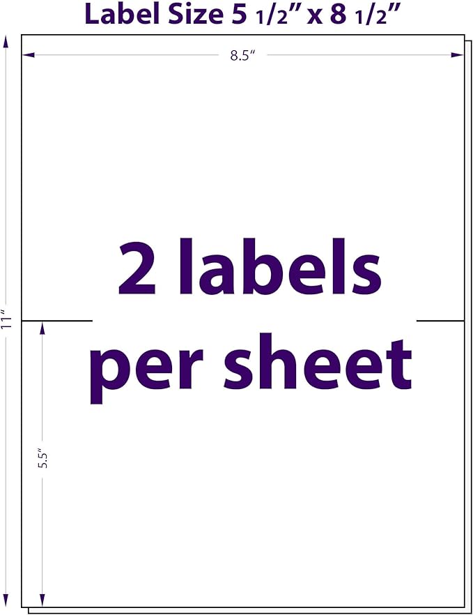 5.5" x 8.5", 25 Sheets, 50 Printable Half Sheet Labels, Blank Mailing Labels for Laser & Inkjet Printers, Letter Size