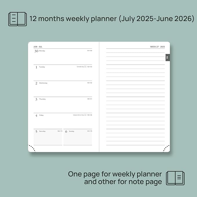 POPRUN Planner 2025-2026 Weekly Notebook for Purse(Pocket Size 4''x 6.25'') Small Academic Calendar (JUL.25 - JUN.26) with Monthly Tabs, Leather Soft Cover, Inner Pocket, 100 GSM - Petrol Green