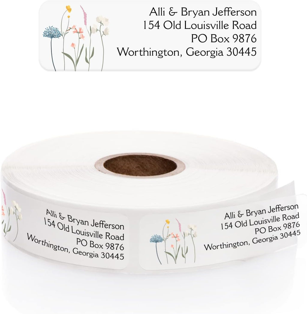 Clear Wildflower Rolled Address Labels / 500 Personalized Return Address Labels/Designer Address Stickers in Elegant Plastic Dispenser