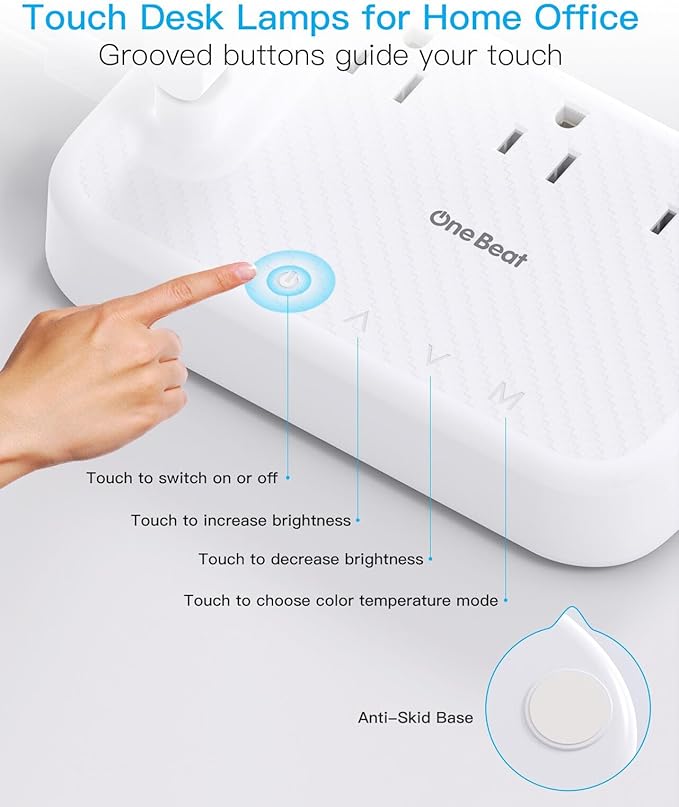 One Beat Desk Lamp with 6 Outlets 4 USB Ports(2×USB-C),Eye Protection Table Lamp Power Strip with 4 Color Modes 5 Brightness Touch LED Desk Lamps for Home Office College Dorm Room Essentials(White