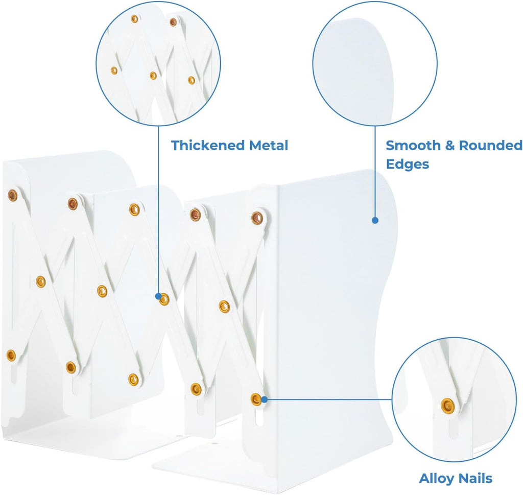 M&G Adjustable Bookends Book Ends for Shelves, Metal Bookend for Heavy Books, Desk Magazine File Organizer Holder Extends up to 20in, Book Stopper for Home, Office, Classroom (White)