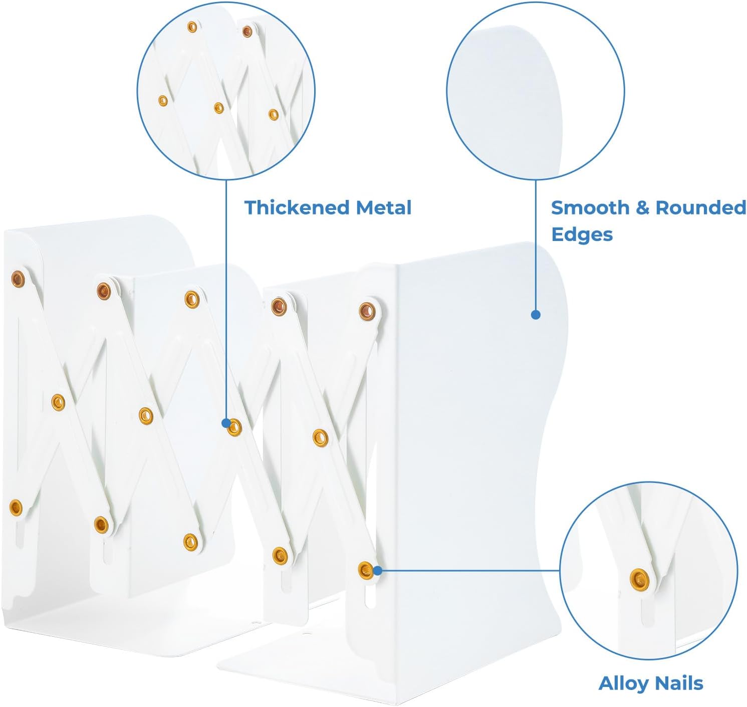 M&G Adjustable Bookends Book Ends for Shelves, Metal Bookend for Heavy Books, Desk Magazine File Organizer Holder Extends up to 20in, Book Stopper for Home, Office, Classroom (White)