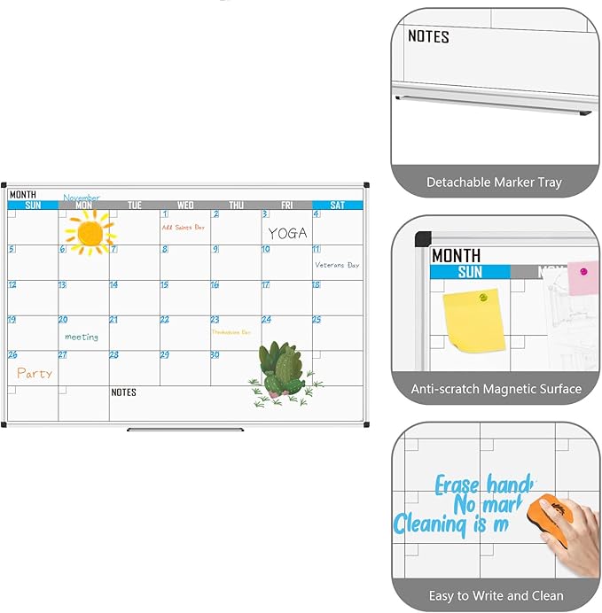 XBoard Magnetic Calendar Whiteboard 60" x 40" - Monthly Calendar Dry Erase Board, White Board + Colorful Calendar Board, Silver Aluminium Framed Monthly Planning Board