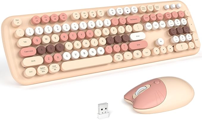 Wireless Keyboard and Mouse, Full Size Typewriter Keyboard and Cute Cat Shape Design Mouse Combo for Windows 7/8/10, Laptop, Desktop, PC, Computer (Milk Tea)