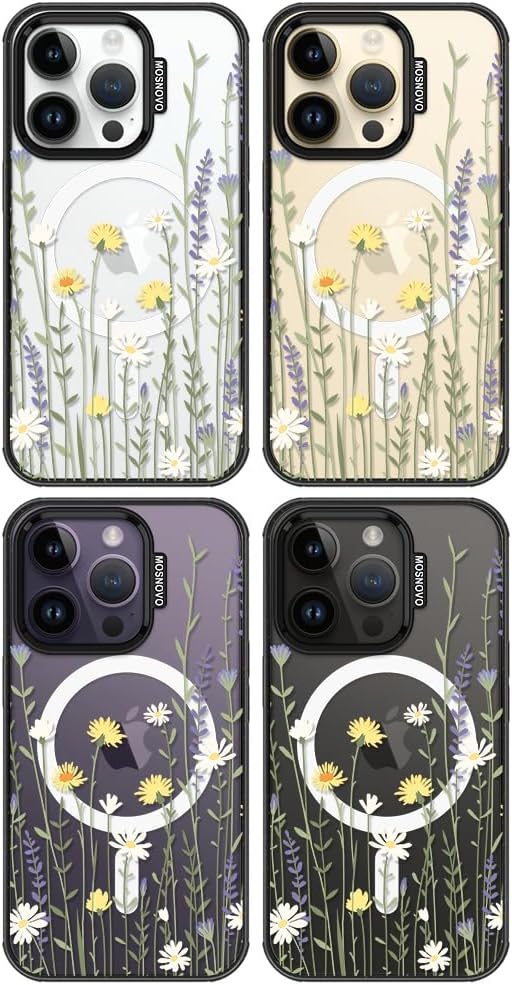 MOSNOVO Magnetic Case for iPhone 14 Pro, 10ft Military-Grade Protection, Compatible with Magsafe, Shockproof Phone Case for iPhone 14 Pro - Wild Meadow - Clear Black