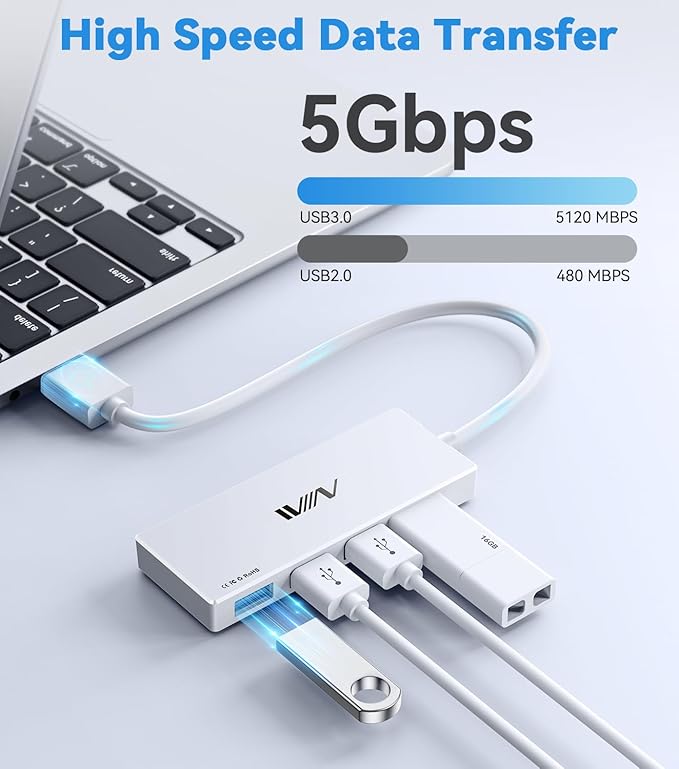 USB 3.0 Hub,4 Port USB Splitter Extender Portable Adapter Multiport Data Hub for Laptop,Xbox, Flash Drive,HDD,Console,Camera,Keyborad,Mouse Windows,Mac OS PC,Not Designed to Charge Devices-White