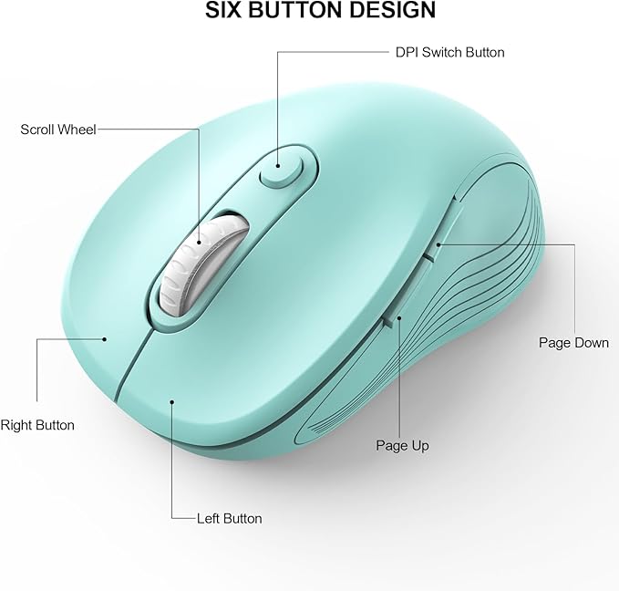 WisFox 2.4G Wireless Mouse for Laptop, Ergonomic Computer Mouse with USB Receiver and Type-C Adapter, 3 Adjustable Levels DPI, 6 Button Cordless Wireless Mice (Mint Green, 1 Pack)