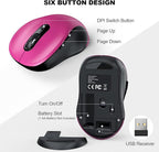 WisFox 2.4G Wireless Mouse for Laptop, Ergonomic Computer Mouse with USB Receiver and Type-C Adapter, 3 Adjustable Levels, 6 Button Cordless Wireless Mice for Windows Mac PC Notebook (Fuchsia)